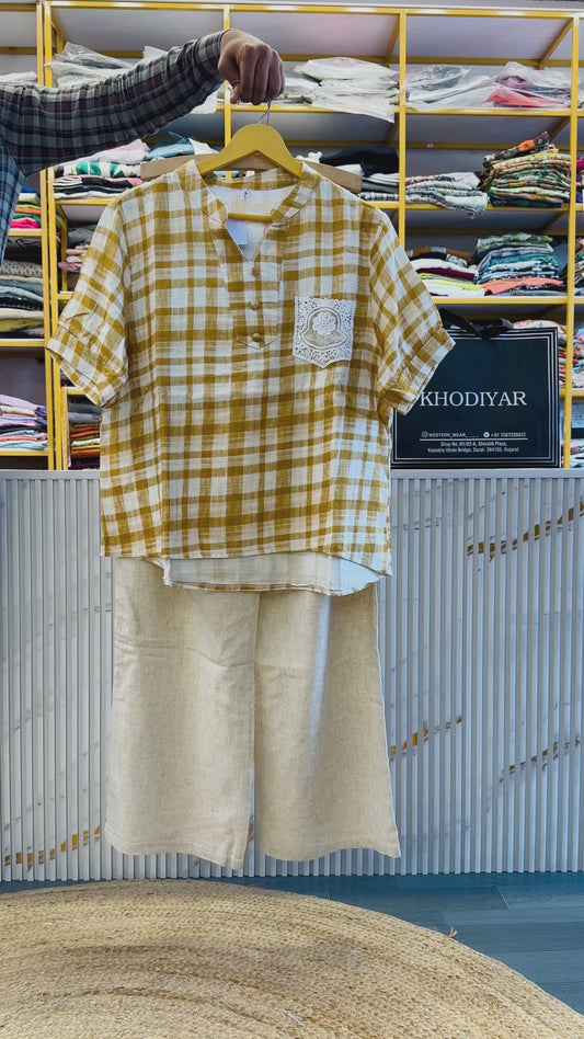CHEX MUL COTTON TOP  WITH LINEN PANT SET