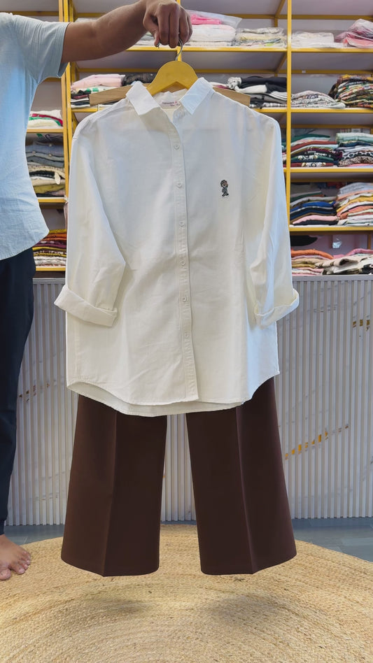 WHITE PLAIN CARTOO EMBROIDERY SHIRT WITH BELL BOTTOM TROUSER PANT SET
