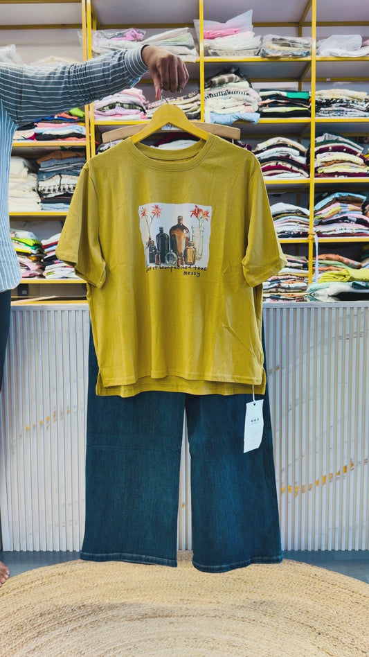 YELLOW PRINT COTTON TSHIRT WITH SOFT DENIM PANT SET