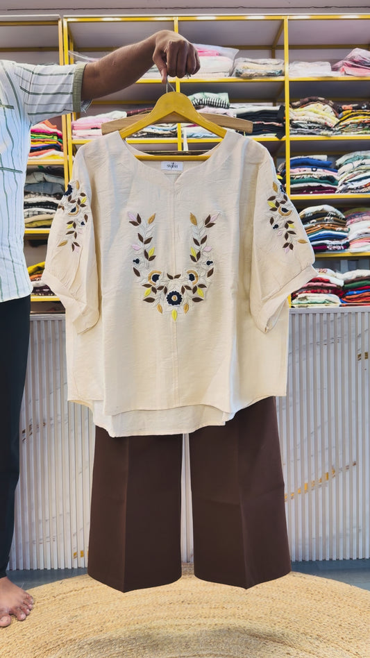 OFF WHITE EMBROIDERY TOP  WITH BELL BOTTOM TROUSER PANT SET