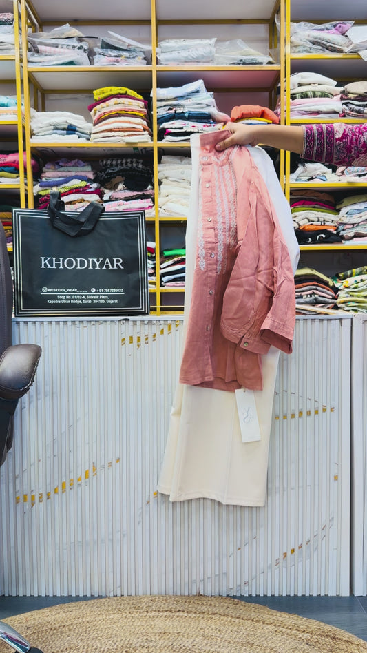PEACH EMBROIDERY LINEN TOP WITH BELL BOTTOM PANT SET