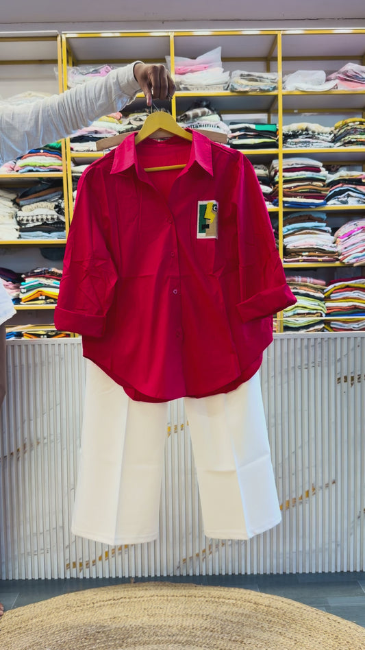 RED POCKET DESIGN TOP WITH BELL BOTTOM PANT SET