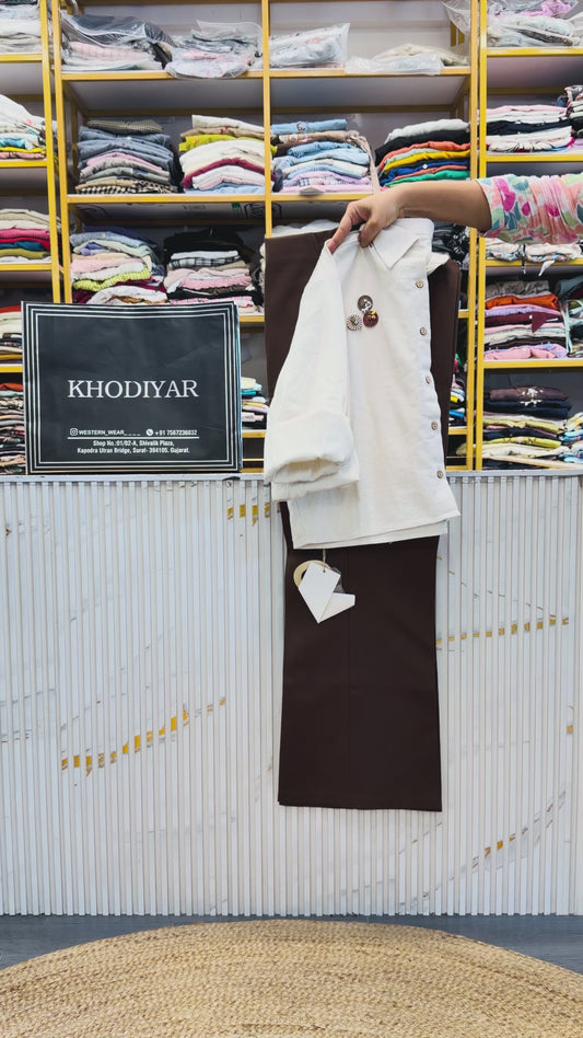 OFF WHITE CROP PREMIUM SHIRT WITH BELL BOTTOM PANT SET