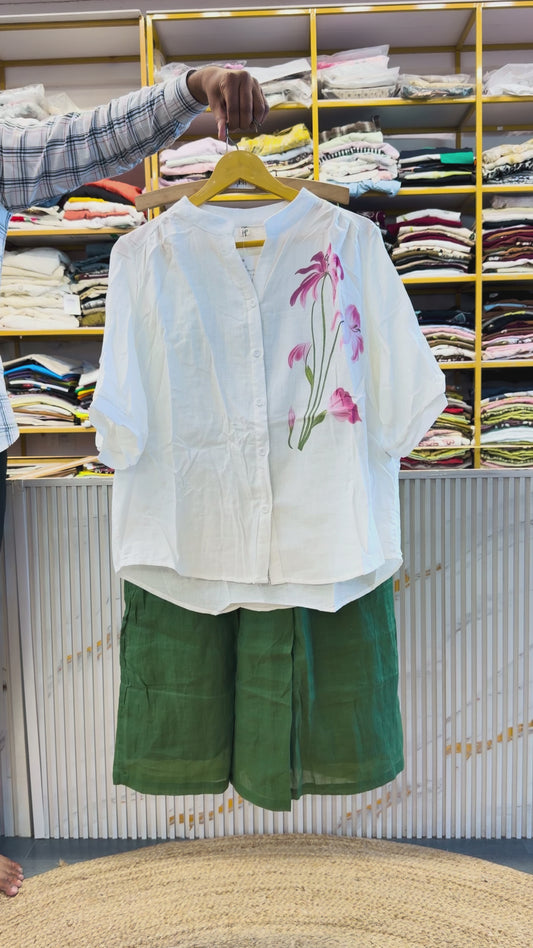 PRINT MUL COTTON TOP WITH LINEN PANT SET