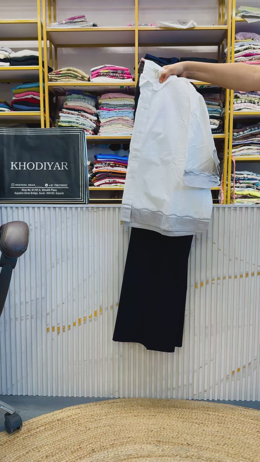 WHITE EMBROIDERY COTTON SHIRT WITH BELL BOTTOM SET