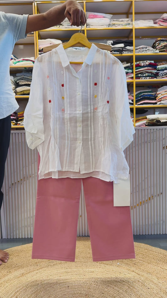 WHITE EMBROIDERY LINEN SHIRT  WITH STRAIGHT STRETCHABLE TROUSER PANT SET