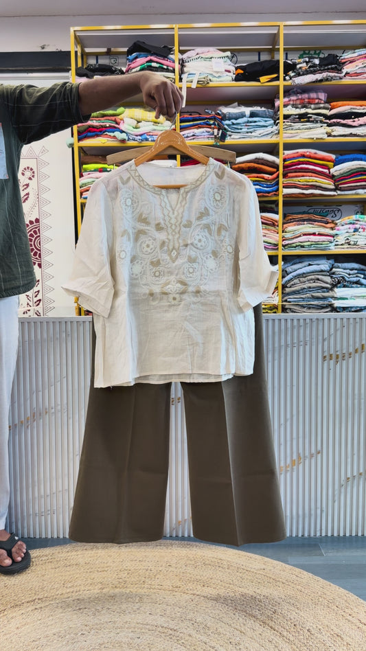 PREMIUM LINEN EMBROIDERY TOP WITH BELL BOTTOM PANT SET