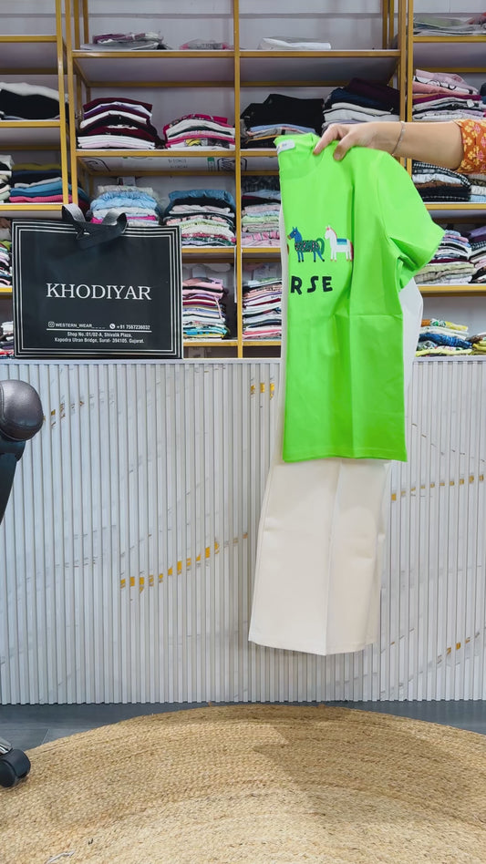 GREEN EMBROIDERY COTTON TSHIRT WITH BELL BOTTOM TROUSER PANT SET