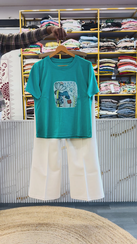 PREMIUM SEA GREEN PRINT TSHIRT WITH BELL BOTTOM PANT SET
