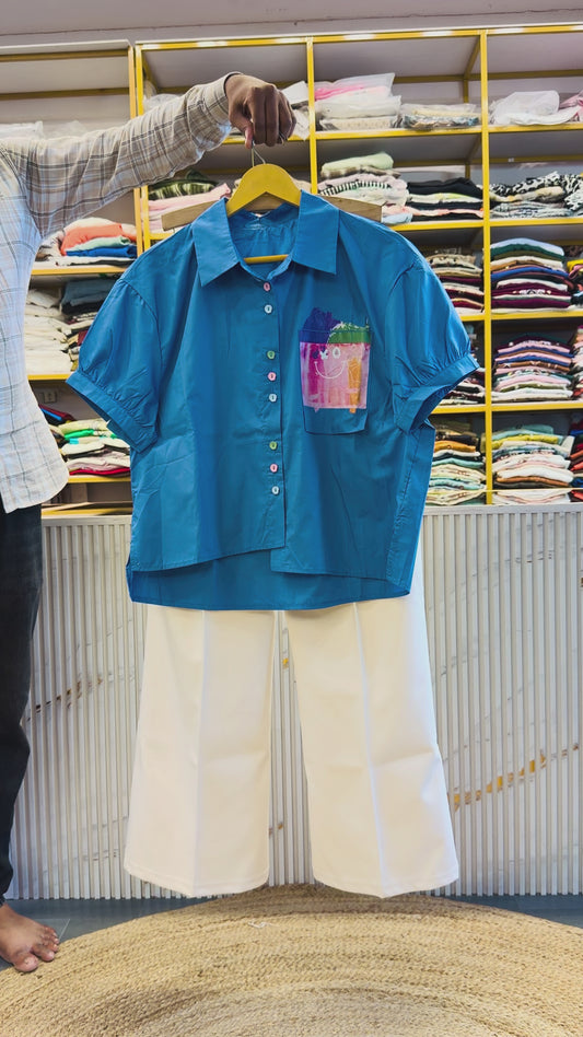 BLUE PRINT POCKET  SHIRT WITH BELL BOTTOM PANT SET