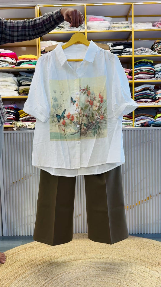 WHITE PRINT MUL COTTON SHIRT WITH BELL BOTTOM TROUSER PANT SET