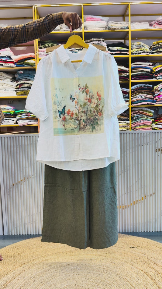 PRINTED MUL COTTON SHIRT WITH LINEN PANT SET