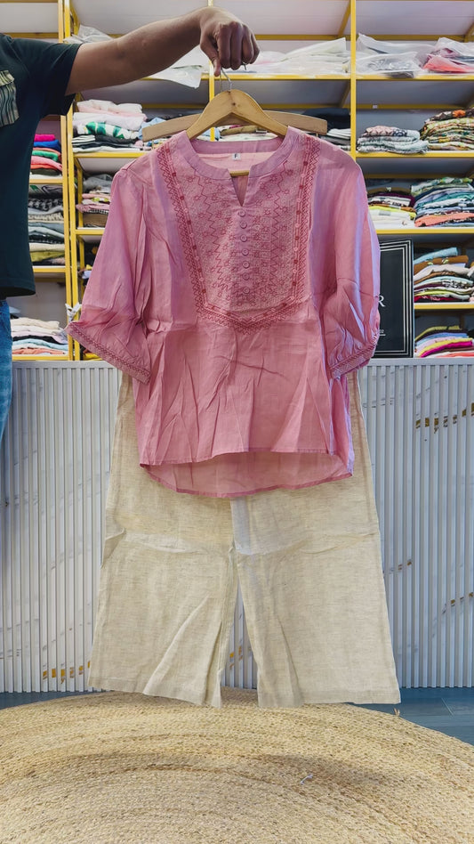 PINK LINEN EMBROIDERY TOP WITH LINEN PANT SET