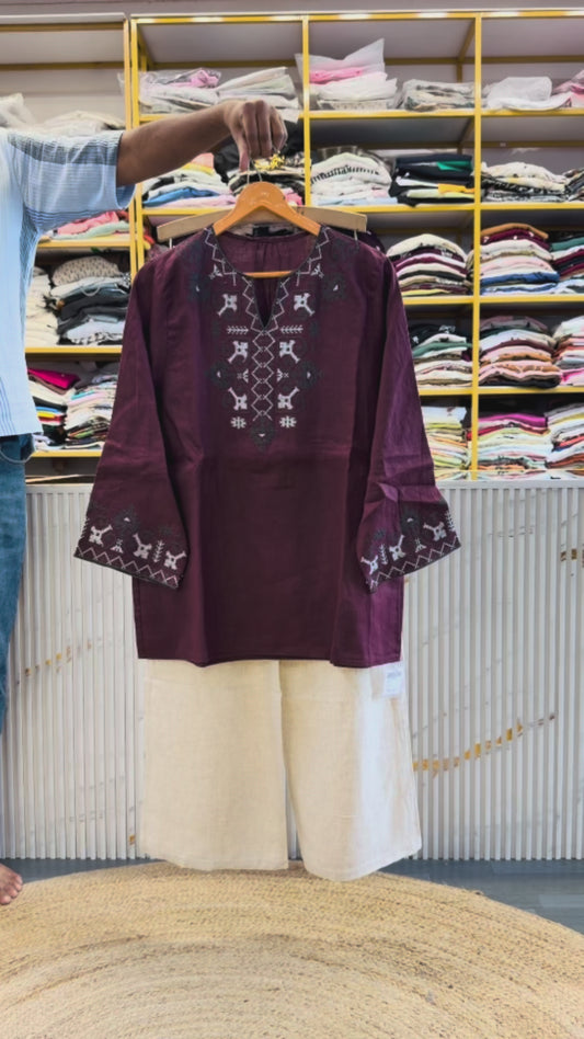 WINE LINEN EMBROIDERY TUNIC WITH LINEN PANT SET
