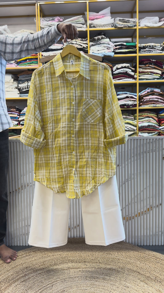 YELLOW CHEX PURE COTTON SHIRT WITH BELL BOTTOM PANT SET