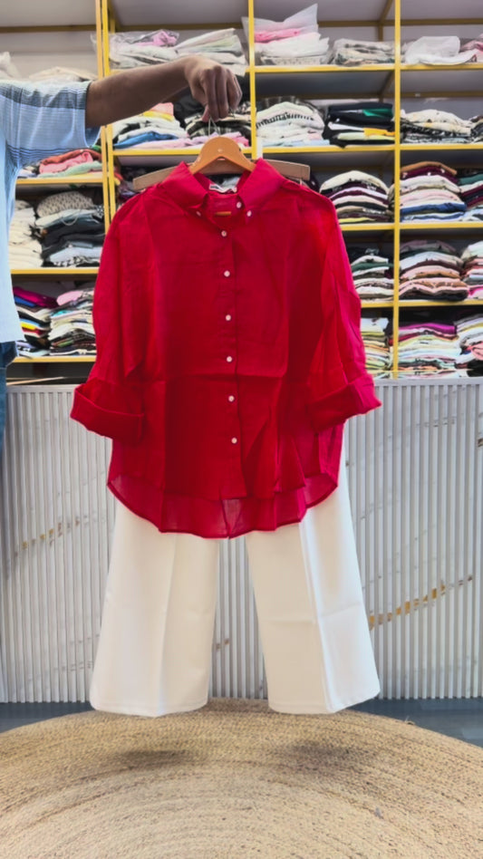 RED PLAIN LINEN SHIRT WITH BELL BOTTOM PANT SET