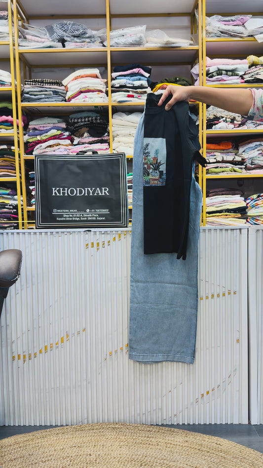BLACK PRINT CASUAL TSHIRT WITH SOFT DENIM PANT SET