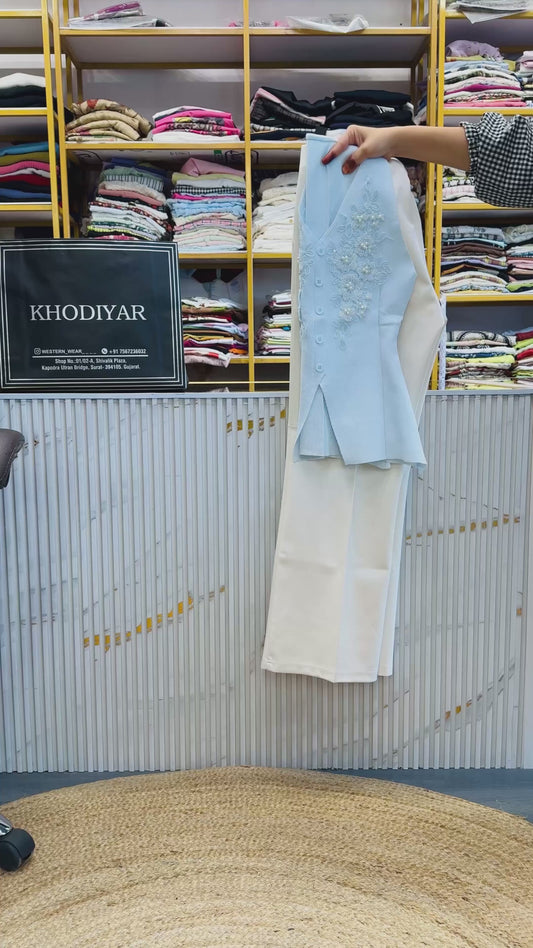 BEST DEMANDING PEARL EMBROIDERY PREMIUM TOP  WITH BELL BOTTOM  PANT SET