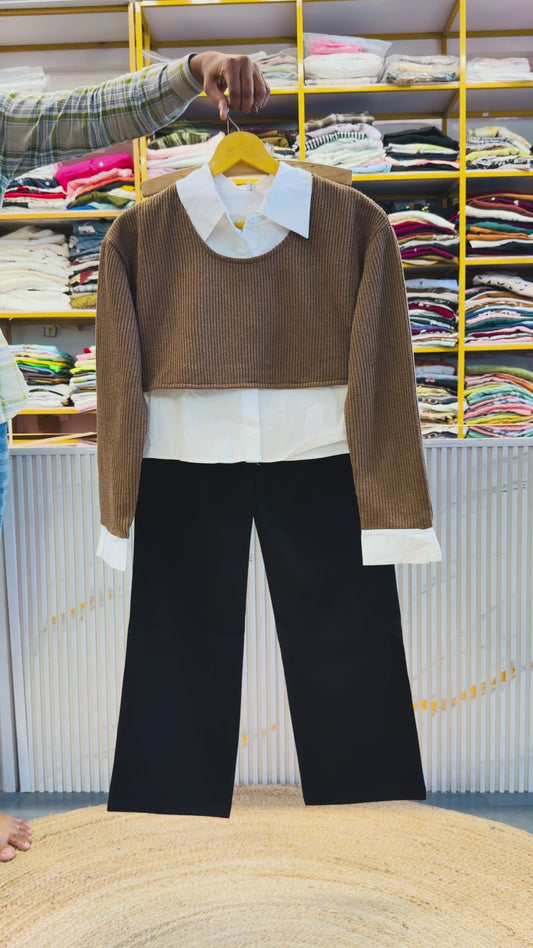 SEMI SWEATSHIRT CROP  WITH STRAIGHT STRETCHABLE TROUSER PANT SET
