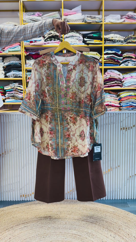 DIAMOND STONE PATTERN PRINT TOP  WITH BELL BOTTOM PANT SET