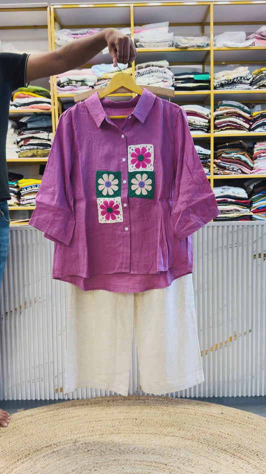 ONION PINK CROCHET PATCH LINEN SHIRT WITH LINEN PANT SET