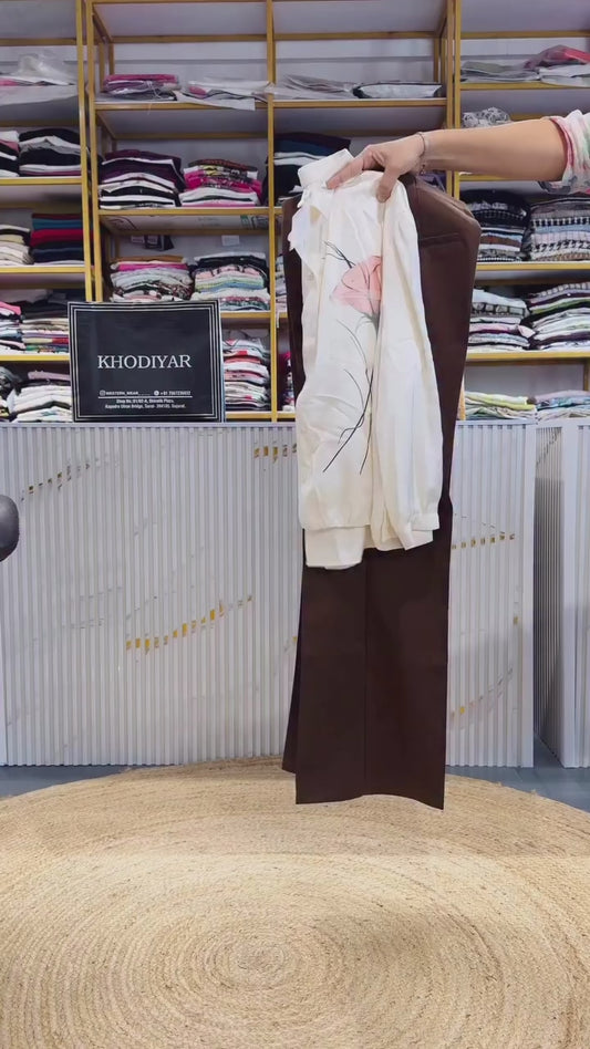 OFF WHITE PURE SOFT SATIN TOP WITH BELL BOTTOM TROUSER SET