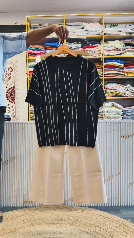 BLACK SOFT KNITTING WEAVING TOP WITH BELL BOTTOM PANT SET