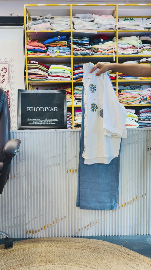 WHITE EMBROIDERY SHIRT WITH LINEN STRAIGHT PANT SET
