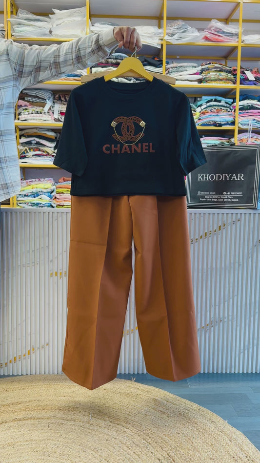 CHANNEL LATER PRINT CROP TSHIRT  WITH STRAIGHT TROUSER PANT SET