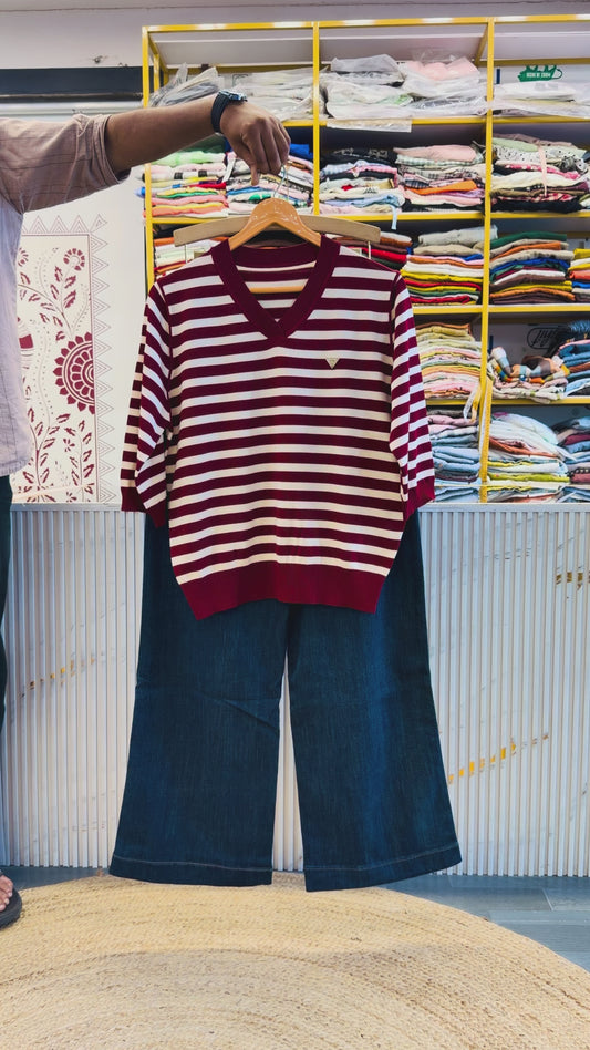 MAROON STRIPS KNITING TOP WITH IMPORTED SOFT DENIM PANT SET