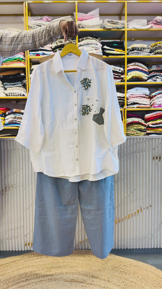 WHITE EMBROIDERY CASUAL TOP  WITH LINEN PANT SET