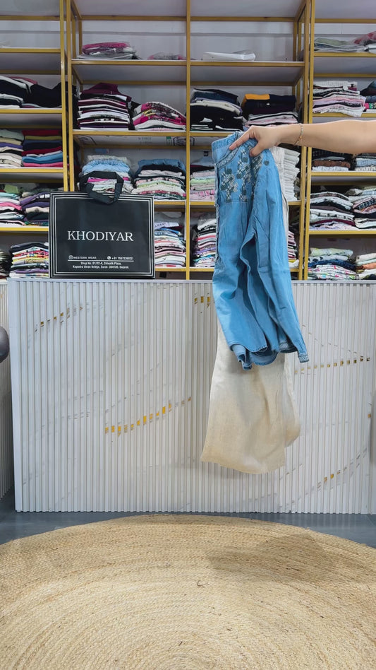 SOFT DENIM EMBROIDERY TOP WITH LINEN PANT SET