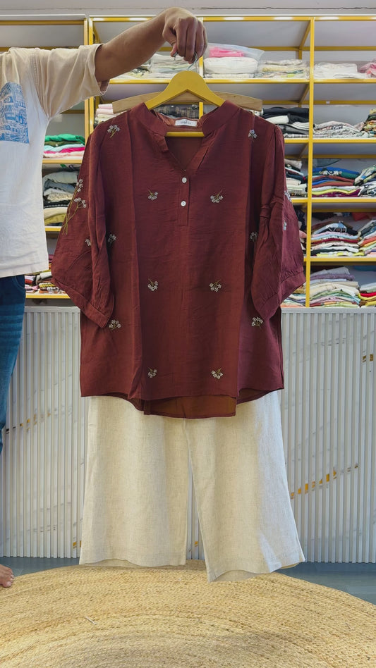 DARK RUST  CASUAL TOP  WITH LINEN COMFORTABLE PANT SET