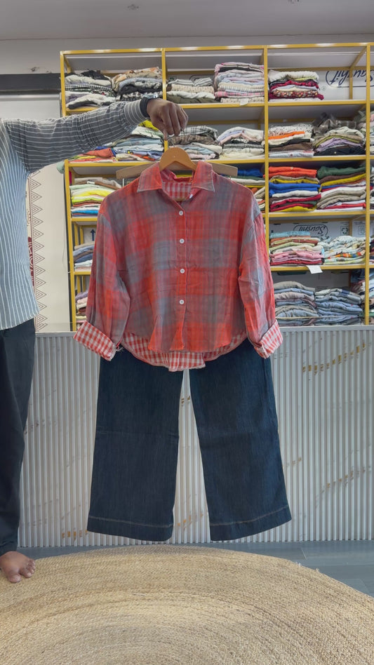 MUL COTTON CHEX SHIRT WITH STRAIGHT DENIM PANT SET