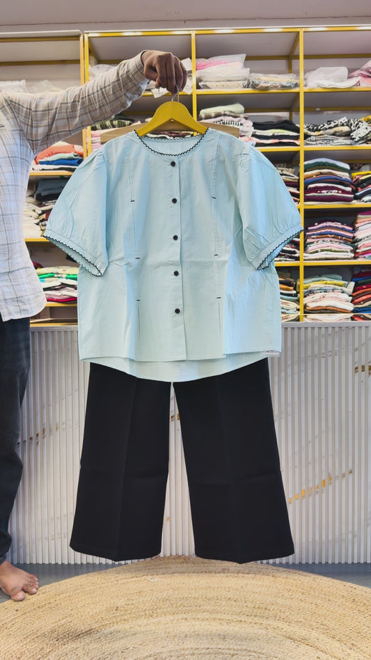 POWDER BLUE COTTON TOP WITH BELL BOTTOM PANT SET