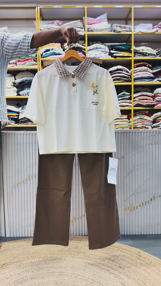 CHEX COLLAR OFF WHITE CROP TSHIRT  WITH STRAIGHT STRETCHABLE TROUSER PANT SET
