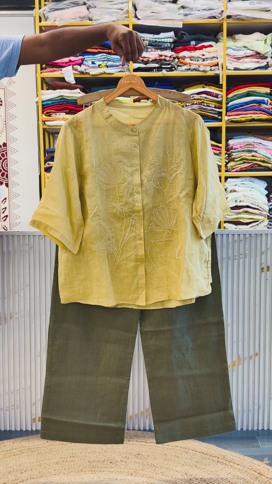 LINEN EMBROIDERY TOP WITH LINEN STRAIGHT PANT SET