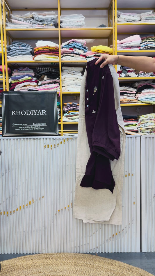 WINE EMBROIDERY TUNIC TOP  WITH LINEN PANT SET