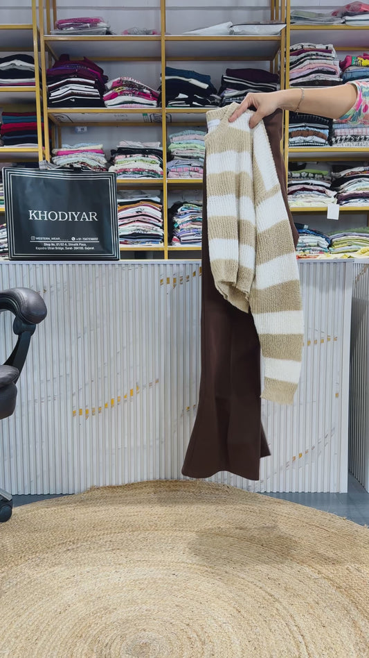 STRIPS WHITE CROATIA TOP  WITH BROWN BELL BOTTOM PANT SET