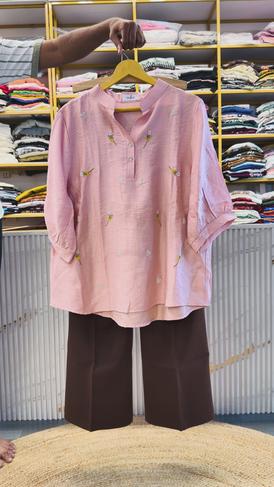 PINK EMBROIDERY TOP WITH BELL BOTTOM TROUSER PANT SET