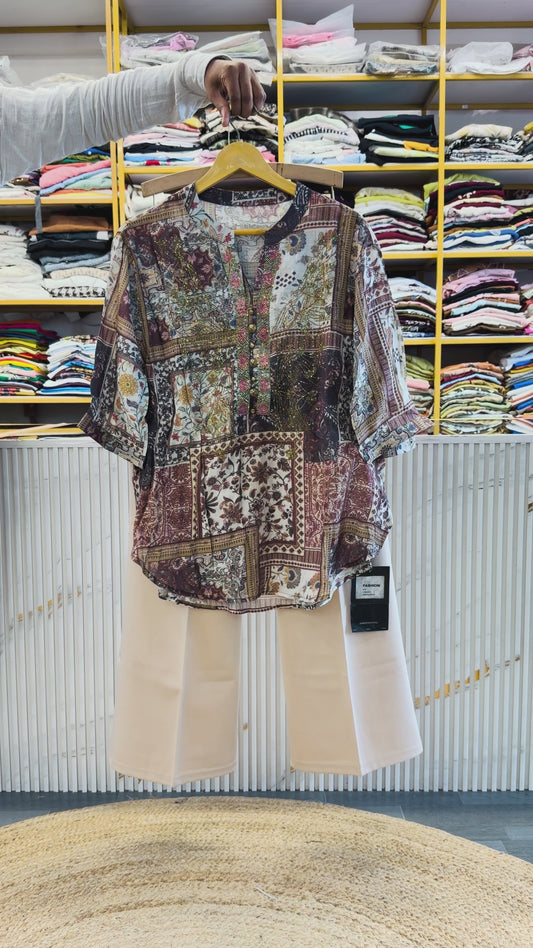 DIAMOND STONE PATTERN PRINT TOP  WITH BELL BOTTOM PANT SET