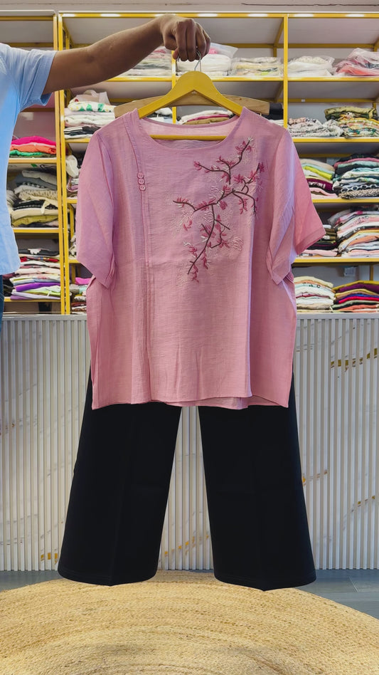 CASUAL EMBROIDERY PINK TOP WITH BELL BOTTOM STRETCHABLE TROUSER PANT SET