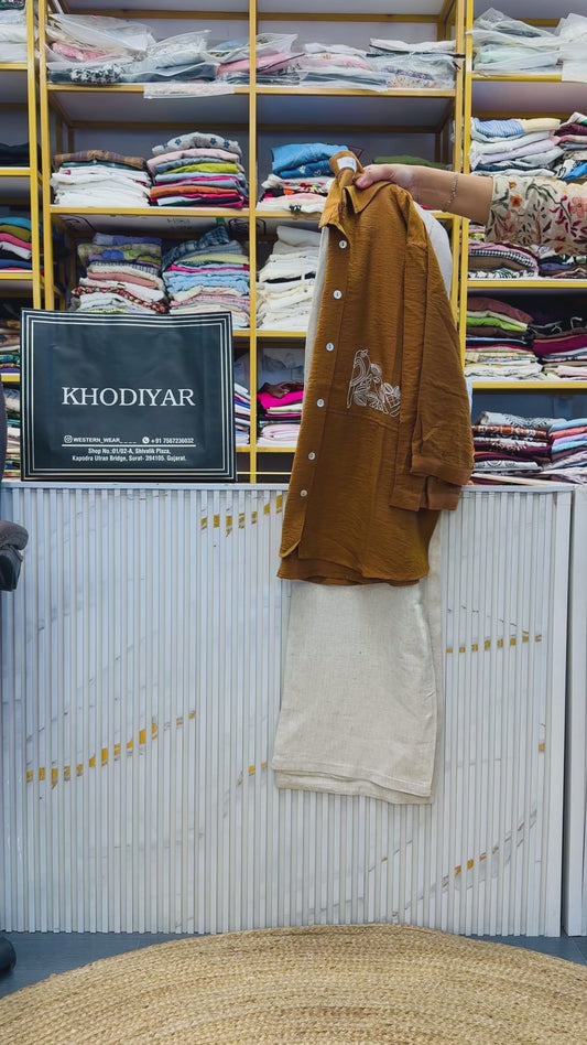 COPPER CASUAL EMBROIDERY SHIRT  WITH LINEN PANT SET
