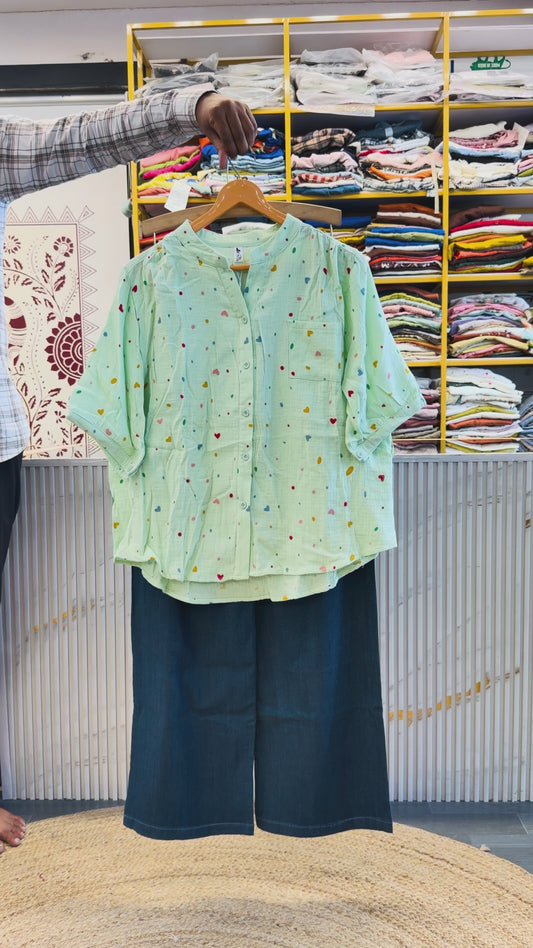 PISTA SHADE PRINT MUL COTTON TOP WITH SOFT DENIM PANT SET