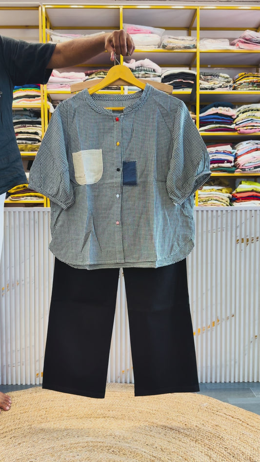 SMALL CHEX EMBROIDERY MUL COTTON TOP  WITH BELL BOTTOM TROUSER PANT SET