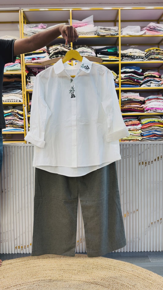 WHITE COTTON EMBROIDERY SHIRT WITH LINEN PANT SET