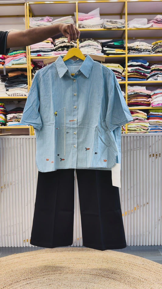SOFT DENIM EMBROIDERY SHIRT WITH BELL BOTTOM PANT SET