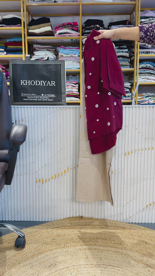 MAROON EMBROIDERY TOP WITH LINEN PANT SET