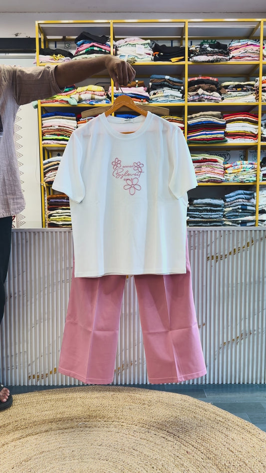 FLOWER EMBROIDERY TSHIRT  WITH BELL BOTTOM PANT SET