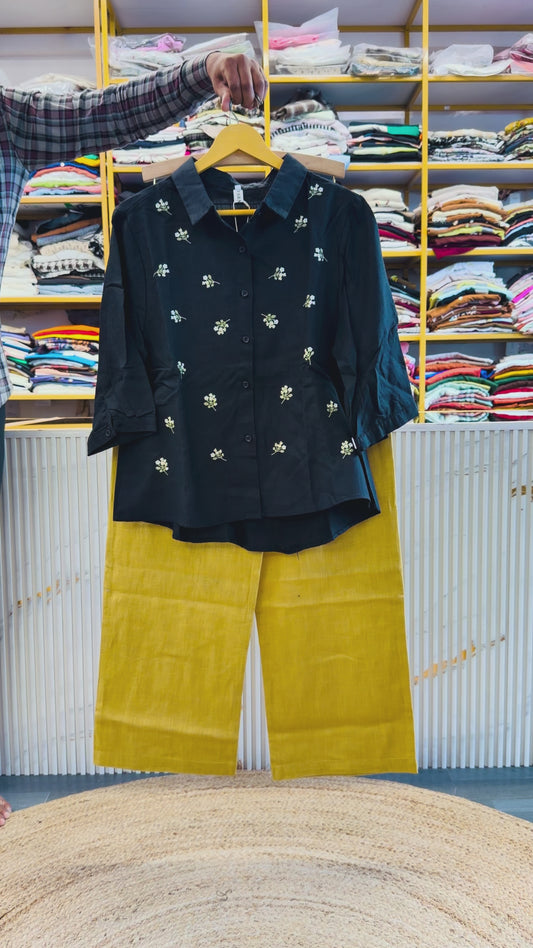BLACK EMBROIDERY LINEN SHIRT WITH LINEN STRAIGHT PANT SET